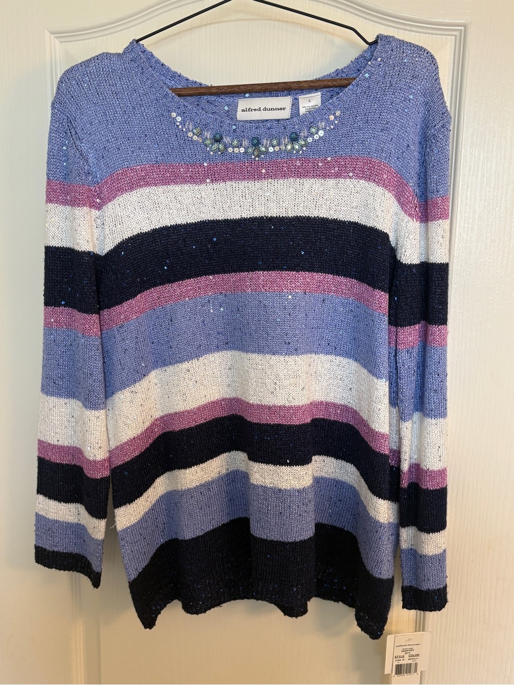NWT Alfred Dunner Striped Sequined Knit Sweater Size L Newport holiday sparkle